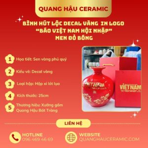 Thông số kỹ thuật bình hút lộc in logo Báo Việt Nam Hội Nhập